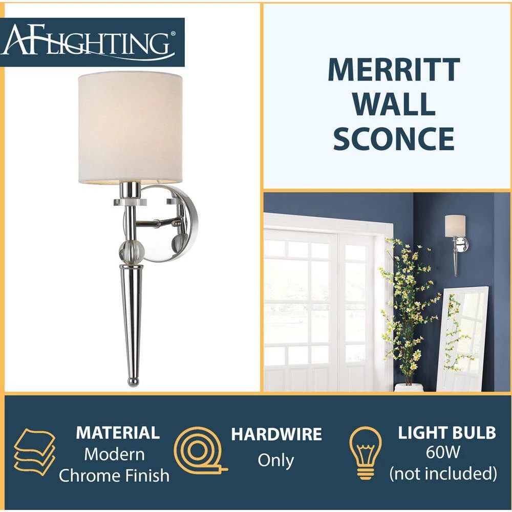 Merritt 18 in. 1-Light Chrome/Crystal Wall Sconce by AF Lighting 3 Merritt 18 in. 1-Light Chrome/Crystal Wall Sconce by AF Lighting - Image 2