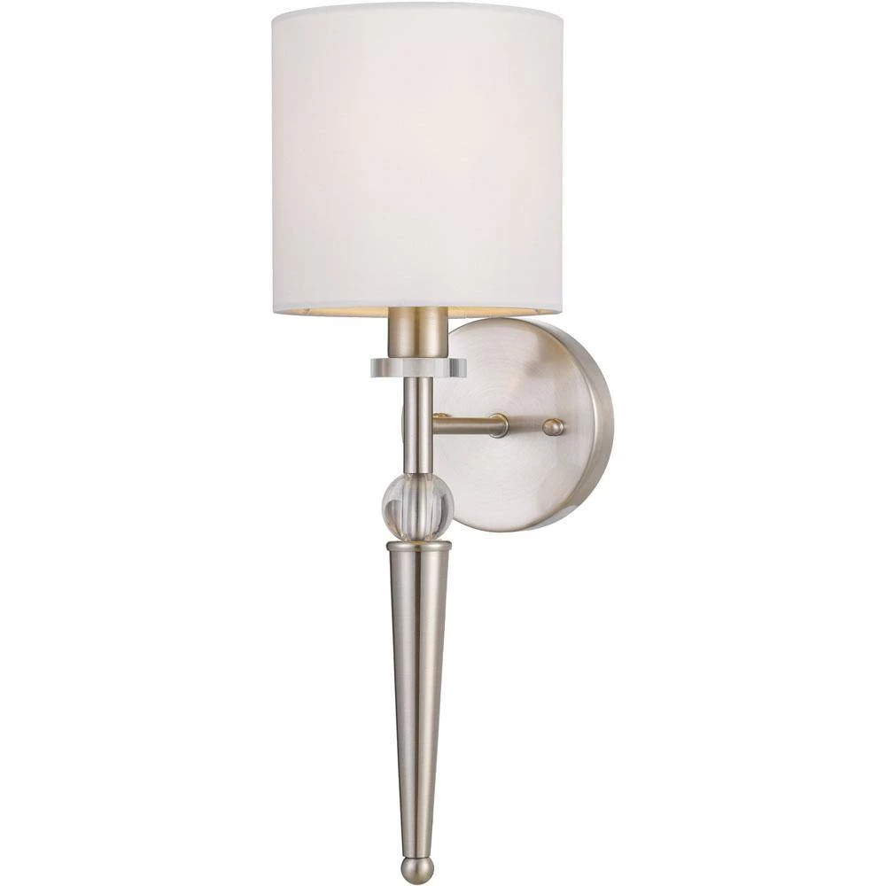 1-Light Merritt 6 in. Satin Nickel Wall Sconce with Round Beige Shade by AF Lighting 2 1-Light Merritt 6 in. Satin Nickel Wall Sconce with Round Beige Shade by AF Lighting